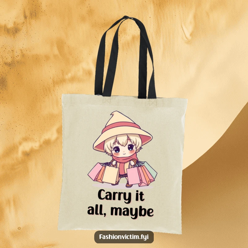 Funny tote bag depicting a child character with an oversized hat tripping while laden with shopping bags, a humorous accessory for shoppers.