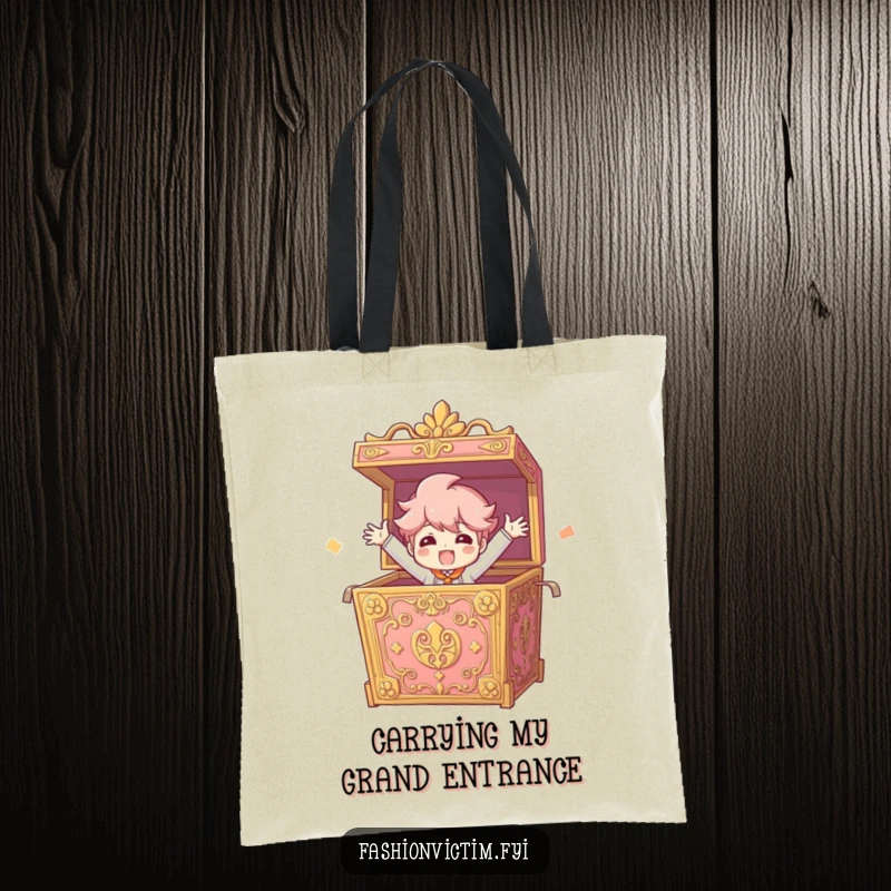 Funny Tote Bag of a character bursting from an ornate box with arms outstretched, perfect for carrying surprises.
