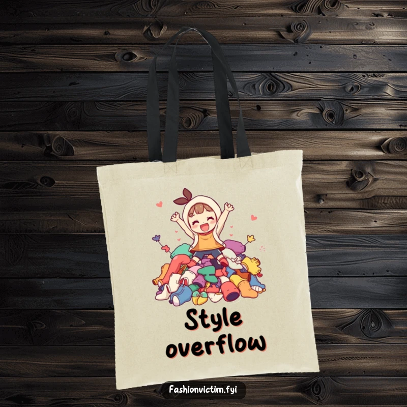 Funny tote bag illustration of a character joyfully diving into a vibrant, messy pile of colorful, mismatched clothing, ready for any task.