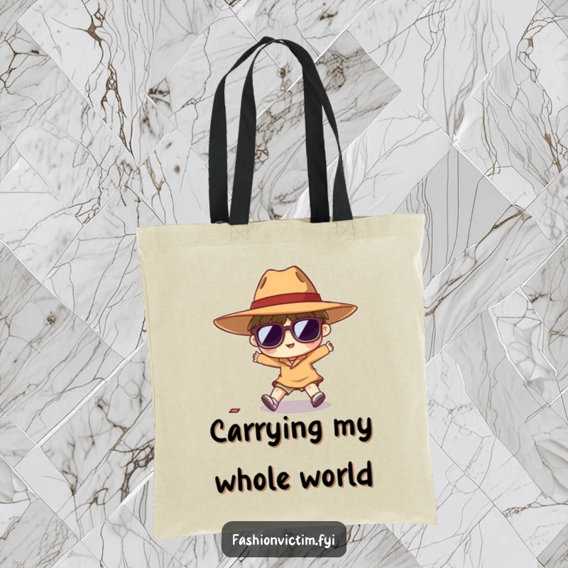 Funny tote bag showing a tiny character hilariously tripping due to wearing a ridiculously large hat and oversized sunglasses.