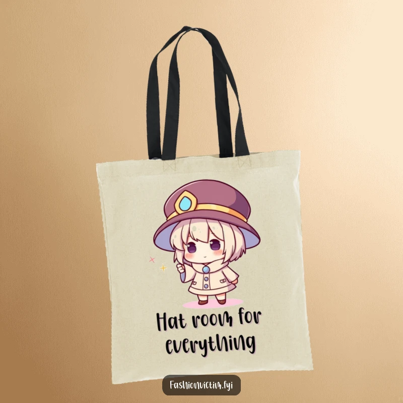 Funny tote bag showing a character with a huge hat pointing at a tiny, sparkling accessory, symbolizing grand style and small delights.