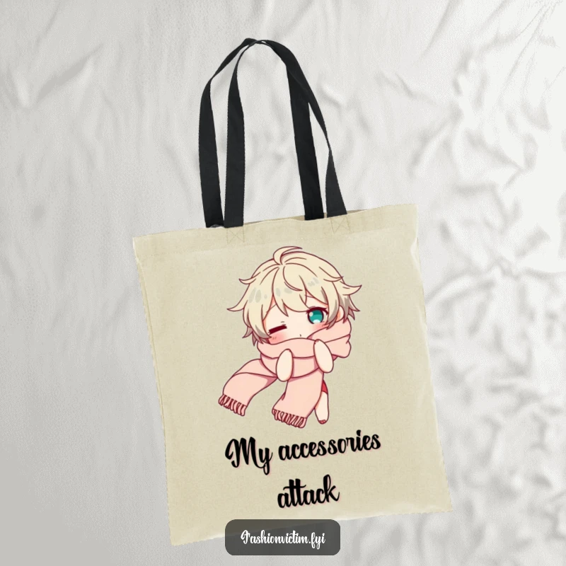 Funny tote bag featuring a character looking bewildered while tangled in a long, flowing scarf, a humorous accessory for daily use.