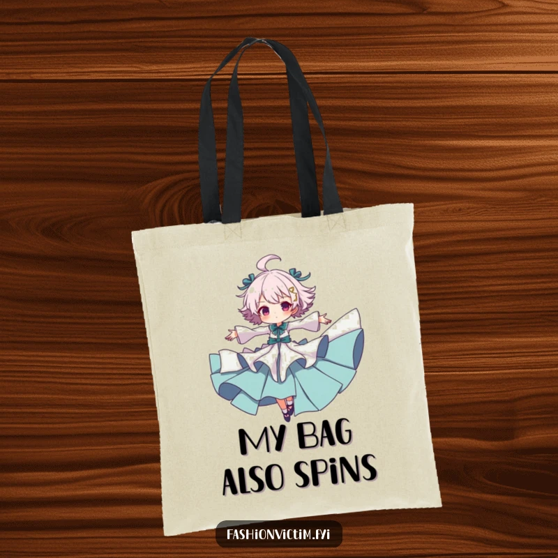 Funny tote bag featuring a character in ruffled clothes spinning joyfully with arms out, symbolizing dramatic flair and uninhibited movement.