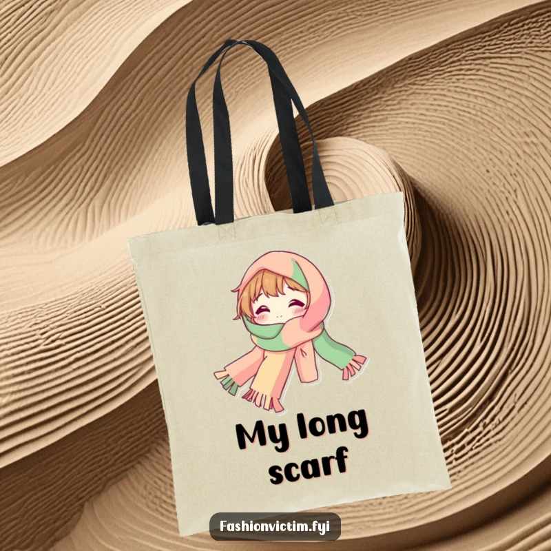 Funny Tote Bag with a bubbly character draped in a ridiculously long, colorful scarf, ready for shopping.