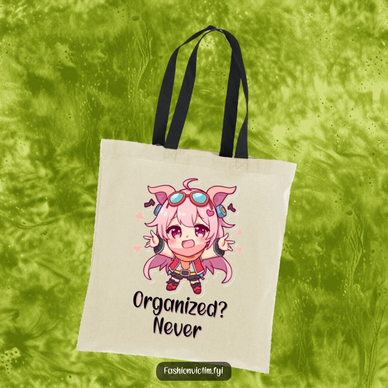 Funny tote bag with a character enthusiastically gesturing, adorned with a comical collection of mismatched accessories, perfect for carrying daily essentials humorously.